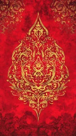 Ornate gold damask emblem on distressed red background.