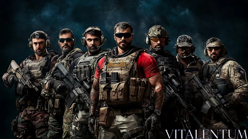 Armed tactical team portrait in combat gear formation.