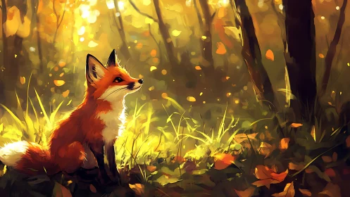 Red fox in luminous autumn forest with painterly bokeh light.