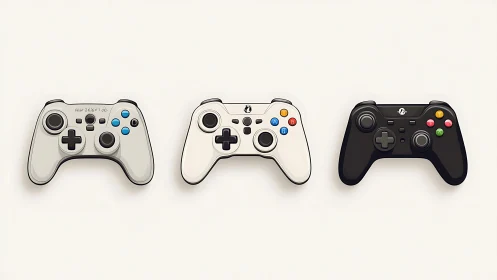 Tri-color gamepad lineup marching across blank space.