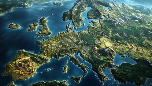 Sunlit Europe in lush 3D relief from a dreaming sky perspective.