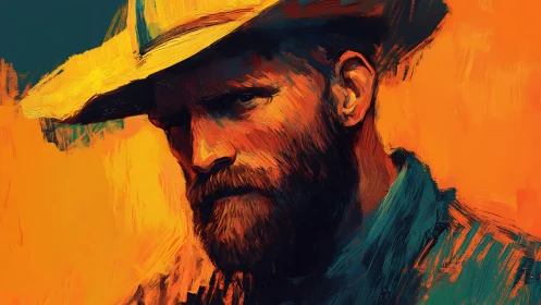 Grizzled cowboy in molten sunset brushstrokes of fire.