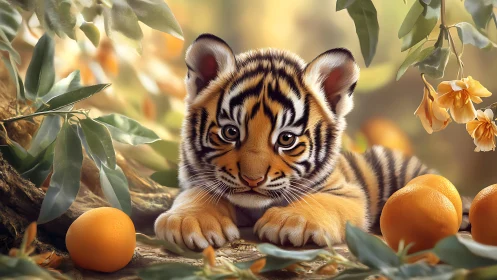 Tiger cub resting among oranges in soft forest light.
