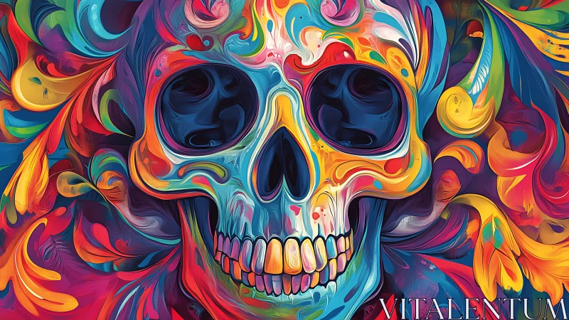 Chromatic skull portrait in swirling abstract digital painting.