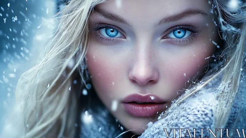 Icy gaze of winter woman in hyperreal snowy close-up portrait.