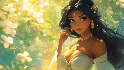 Dark haired fantasy woman stands in glowing floral garden