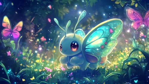 Cartoon caterpillar butterfly hybrid in luminous forest scene.