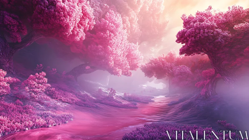 Dreamy pink forest stream glowing in gentle evening light.