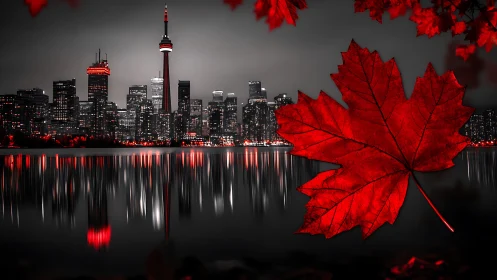 Red maple leaf overlay against monochrome Toronto skyline.