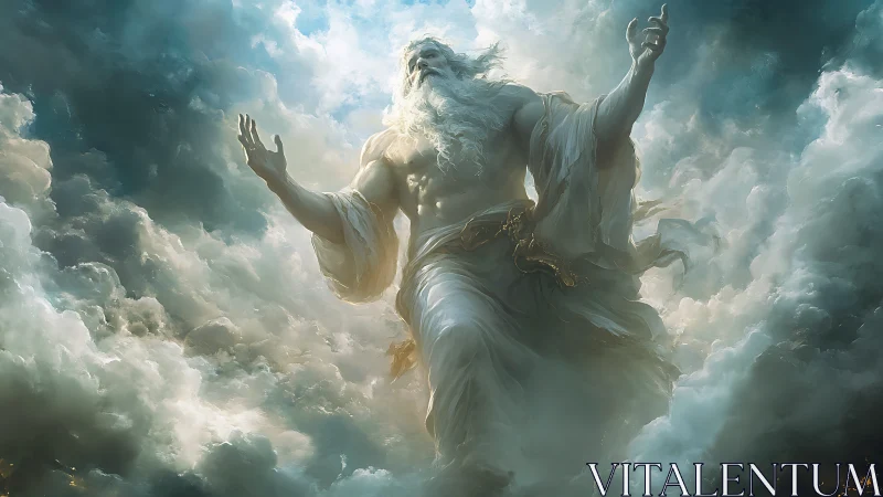 Majestic sky deity rises through swirling luminous clouds.