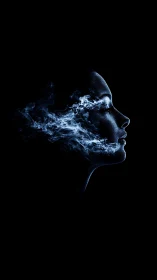 Silhouetted profile dissolves into flowing blue smoke.