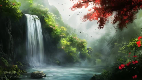 Lush waterfall valley captures misty morning forest light