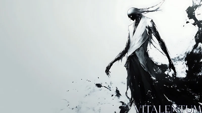 Monochrome spectral warrior dissolves into abstract ink void