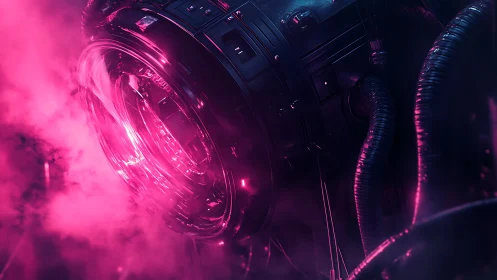 Cylindrical sci fi machine glows with intense magenta light