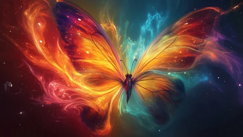 Celestial fire butterfly spreads luminous cosmic wings.