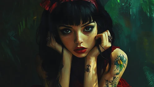 Tattooed gothic muse under emerald painterly lighting.