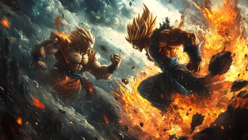 Explosive golden warriors locked in midair elemental clash.