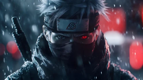 Masked silver-haired shinobi portrait with glowing red eye