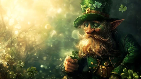 Leprechaun studies clover under glowing forest light.