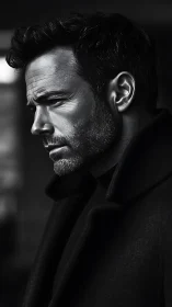 Moody black and white profile portrait of pensive man