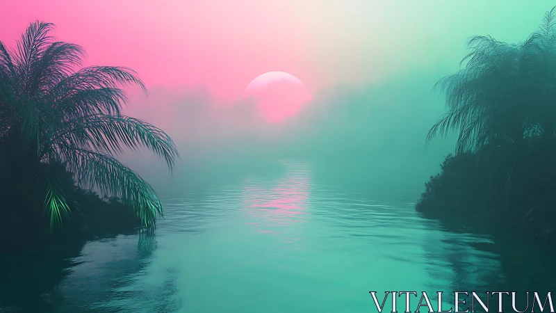Neon tropical lagoon at dusk in vaporwave digital painting.