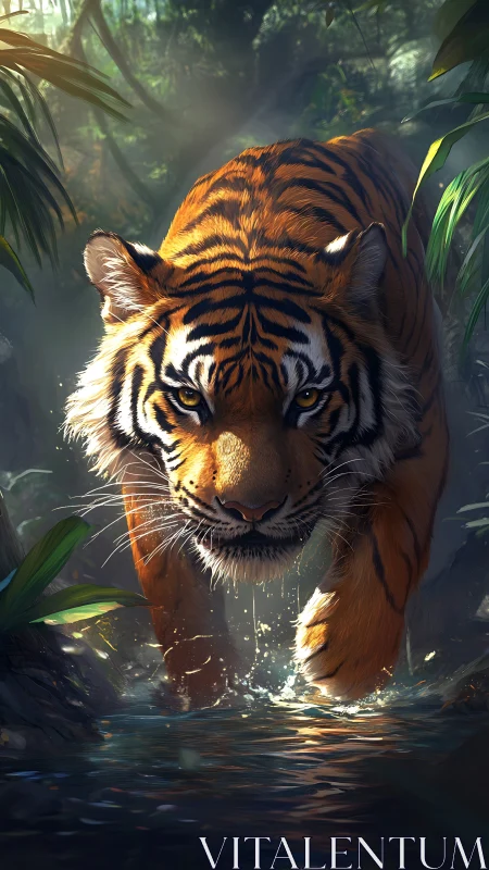 Predatory tiger advancing through shallow jungle stream with dynamic light