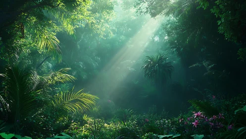 Dense Tropical Jungle Interior With God Rays.