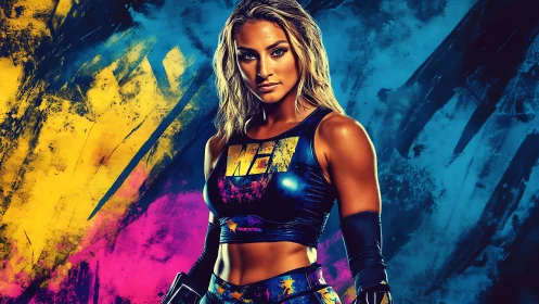 Confident Female Athlete in Abstract Graffiti Style Portrait.