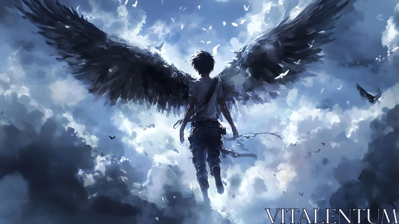 Winged human figure suspended in cloud-filled sky scene.