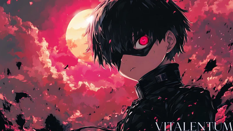 Masked anime boy stands under blood-red moonlit sky