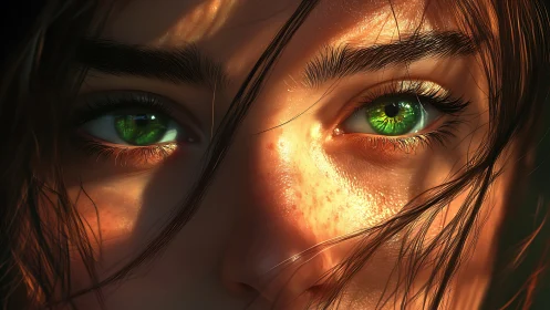 Emerald green eyes glow warmly in close intimate sunlight