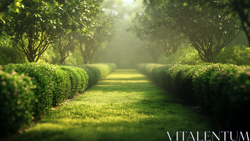 Symmetrical garden path with trimmed hedges and trees in light