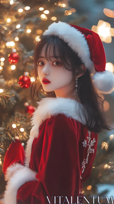 Digital portrait girl in Santa outfit by glowing tree.