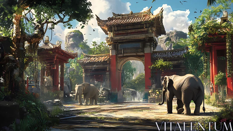 Elephants traversing sunlit Sino-architectural jungle courtyard.