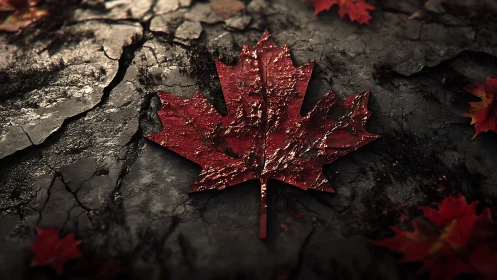 Gilded crimson maple leaf blazing over cracked stone ground.