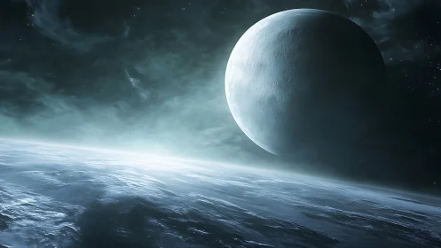 Icy alien horizon with large crescent planet in view.