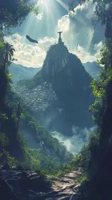 Sunlit mountain statue overlooks dense forested valley basin