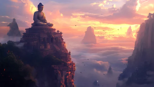 Buddha statue atop cliffside temple above clouded valley.