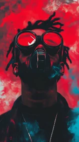 Red atmospheric portrait with respirator and mirrored goggles.