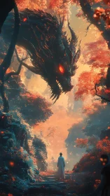 Mystic wanderer faces a fiery-eyed dragon in autumn veil