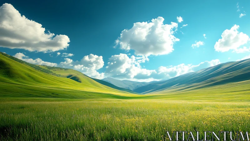 Rolling emerald valley under cloud-drifted summer hush.