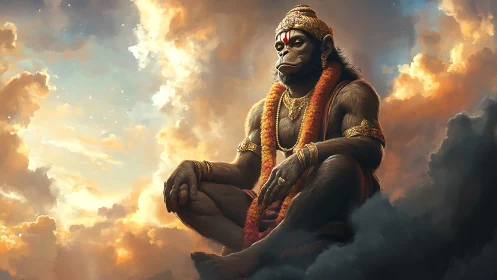 Divine simian deity in meditative asana amid volumetric clouds