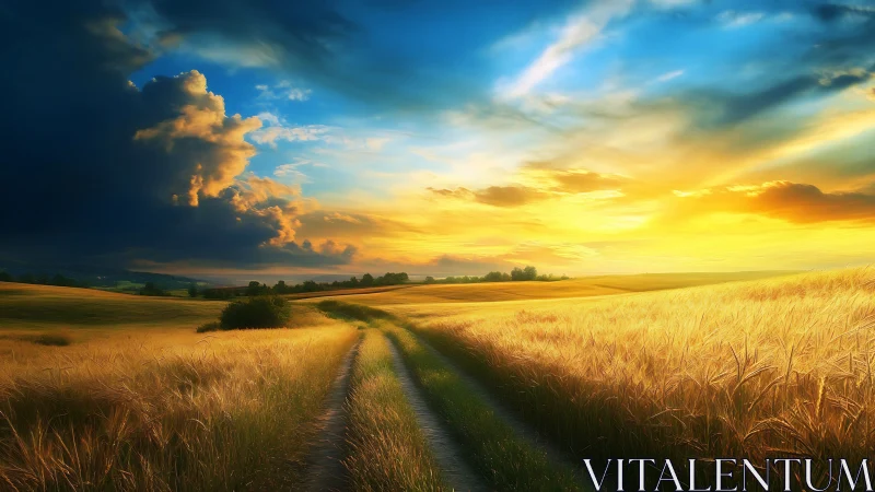 Sunlit wheat fields under dramatic stormlit evening sky.