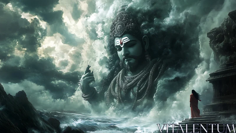 Colossal storm-formed deity emerging over turbulent ocean.