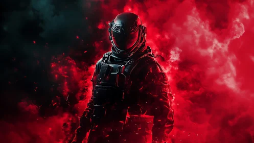 Midnight space warrior emerges from swirling red nebula