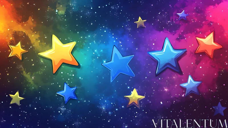 Vibrant cartoon stars drifting through rainbow galaxy sky.