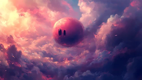 Surreal pink planet drifts through luminous storm clouds.
