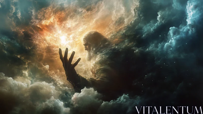 Human figure emerges from illuminated storm cloud formations