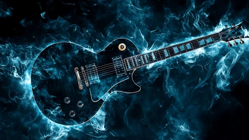 Electric guitar outlined in blue smoke on dark background.