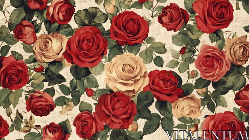 Vintage garden of red and blush roses in gentle bloom.